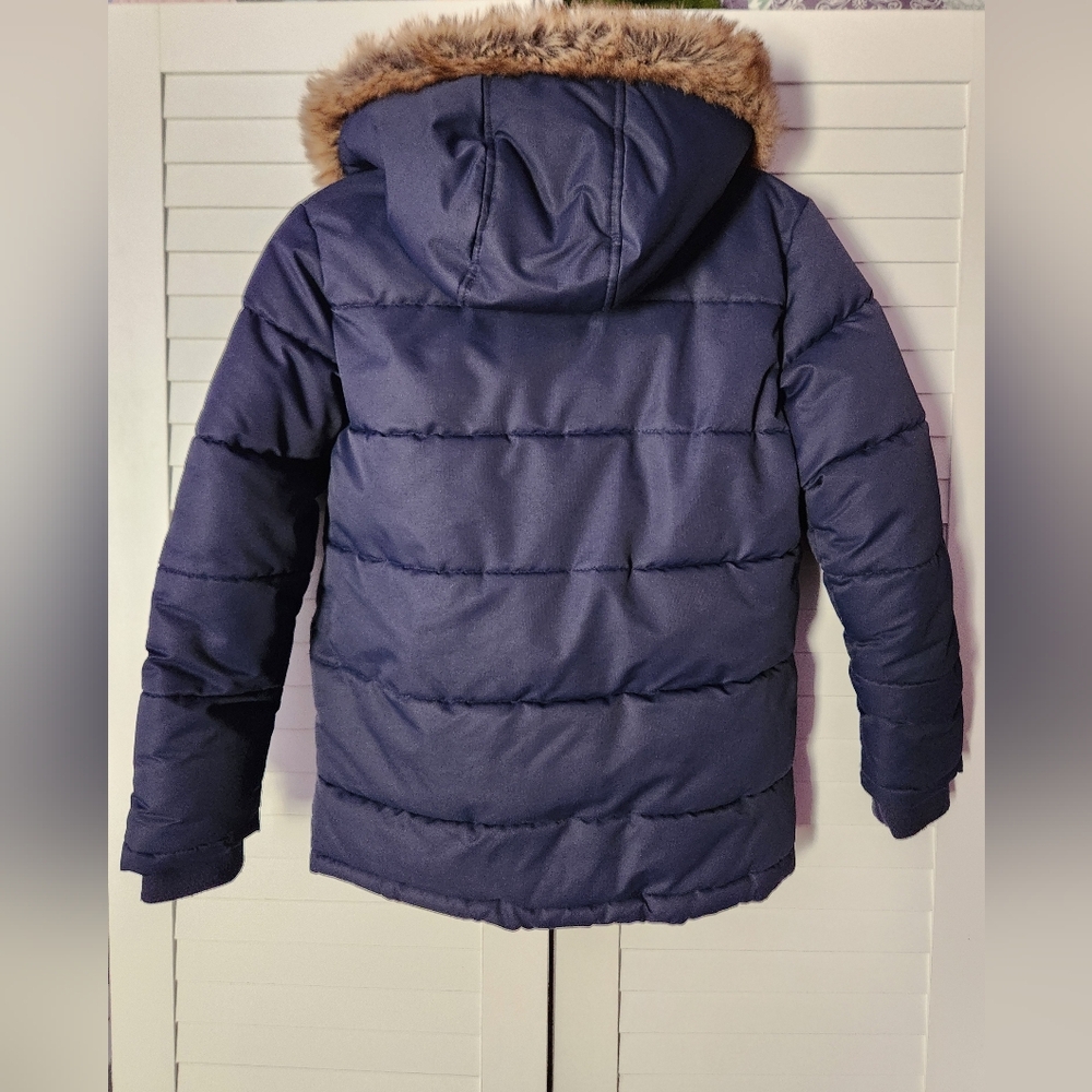 Boys Navy Blue Puffer Jacket with Faux Fur Hood - Picture 2 of 7
